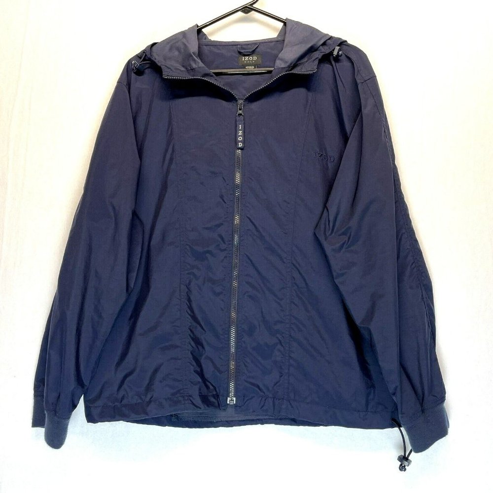 IZOD Mens Jacket Size Small Navy Blue Nylon Hoodie Long Sleeve Zip Back Pocket
